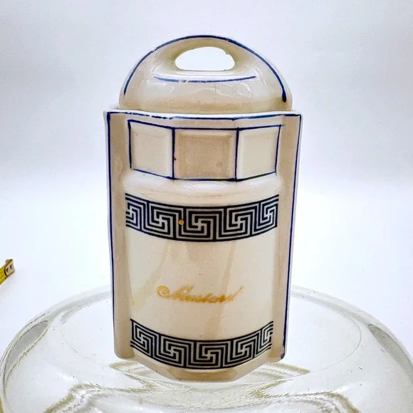 Antique German‎ Porcelain Mustard Pot Greek Key Blue White Lidded Jar Spice