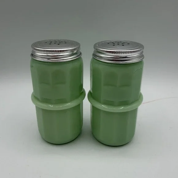 Pair of Jadeite Salt & Pepper Shakers‎ Barrel Shaped Paneled w/ Aluminium Lids