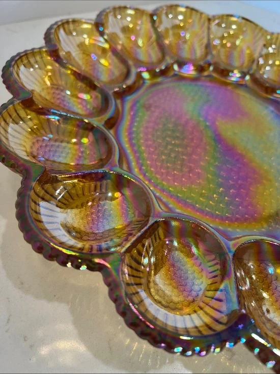 Vintage Indiana Glass Carnival Glass Deviled Egg Platter Plate Amber Hobnail 11”
