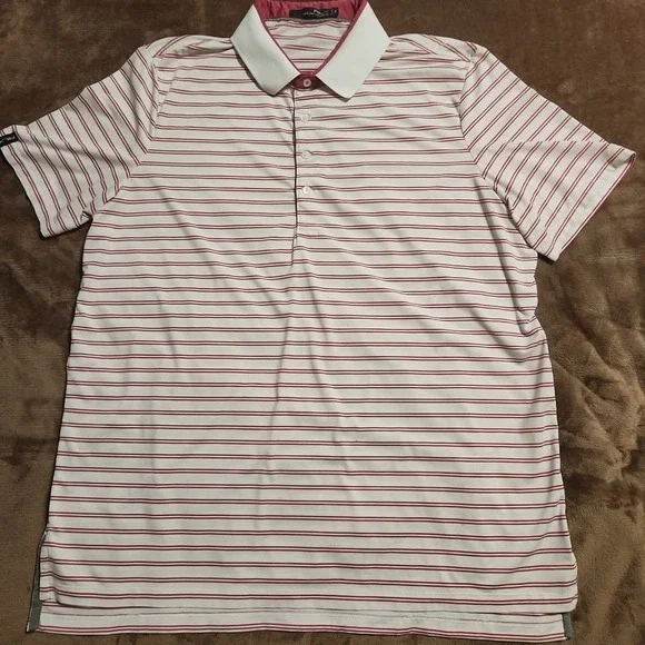 Ralph Lauren RLX Polo Shirt Mens XL Pink White Stripe Golf Stretchy