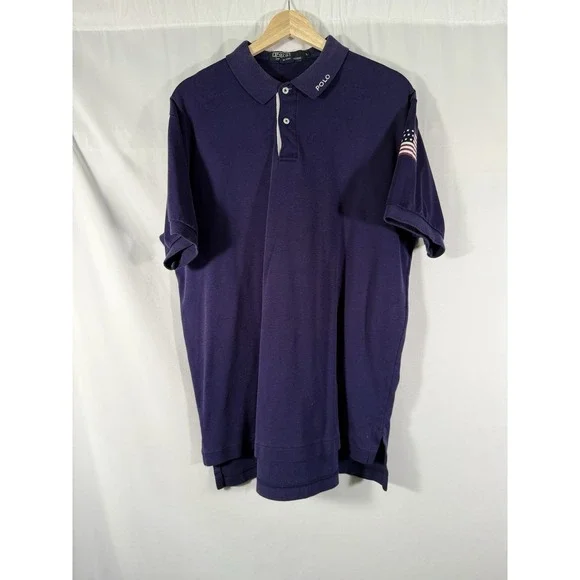 POLO Ralph Lauren Golf‎ Shirt Navy Blue w/ White Placket Flag Print on Arm Men L