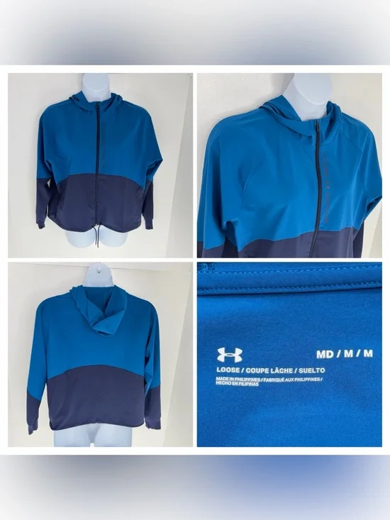 Under Armour Woven FZ Storm Windbreaker Jacket Womens Medium Oversized Fit Blue‎
