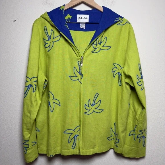 Women Silk Linen Zip Up Hoodie Large Lime Green Palm Tree Tropical Jacket Resort
