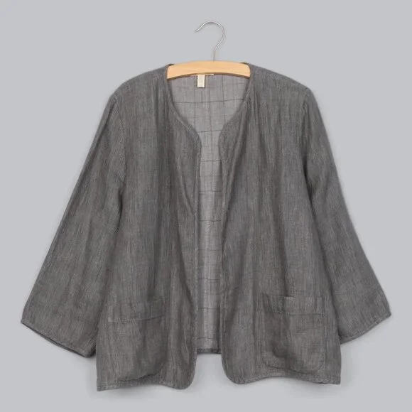 EILEEN FISHER L Minimal Gray Chambray Double-Faced Linen Jacket