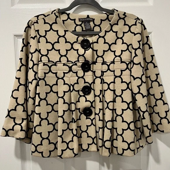 VTGChelsea&Theodore Sz8 Ivory/Blk Floral Print Cropped 3/4 Sleeve Jacket FLAWED