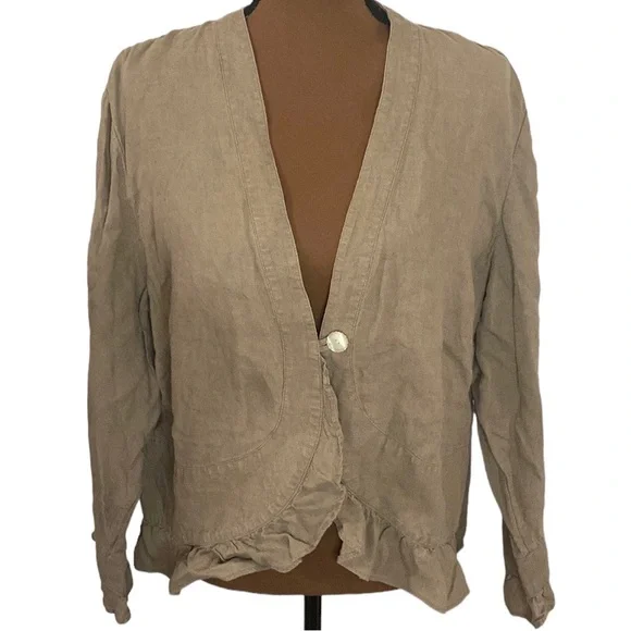 J Jill one button ruffled relaxed jacket linen lagenlook in tan