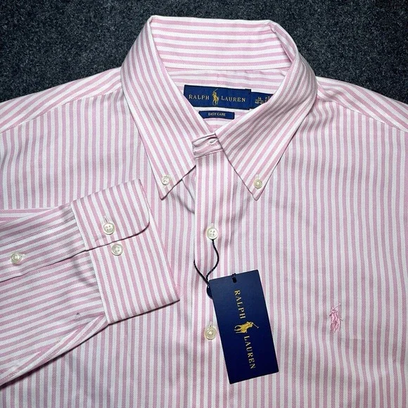 New Ralph Lauren Easy Care Pink Striped Cotton Shirt Mens‎ L 16 40/41