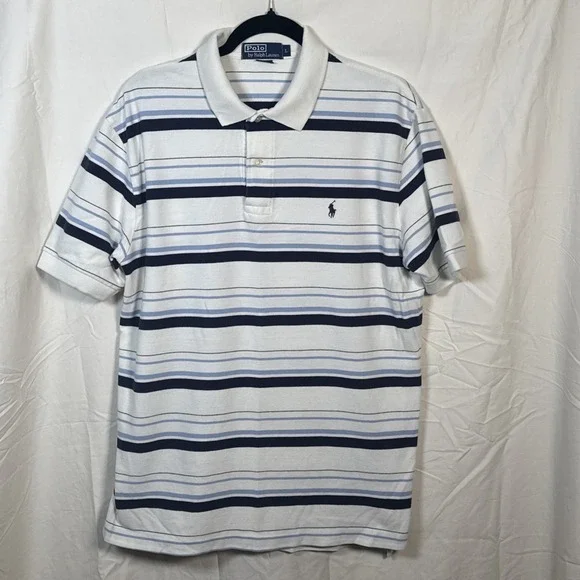 VTG Polo Ralph Lauren  Adult Large White  Blue Stripes  Short Sleeve Shirt Rugby