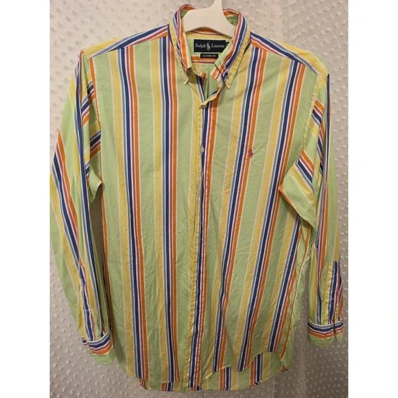 Ralph Lauren Classic Fit 100% Cotton Stripe Button Down Long Sleeve Polo Shirt M