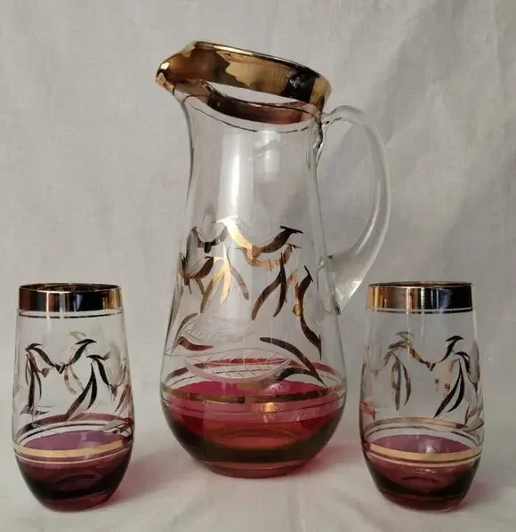 Vintage Glass Pitcher and Two Glasses - Etched - Cracked - Display Only