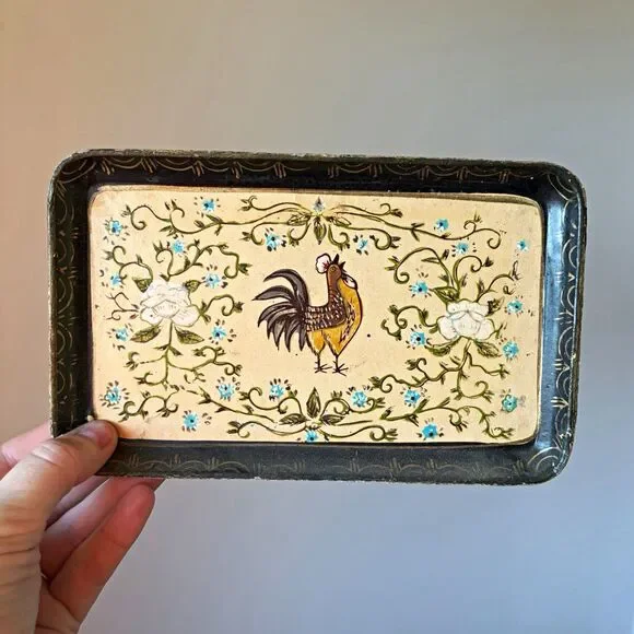 Small Rectangular Wood Serving Tray Painted Rooster Floral Country Style