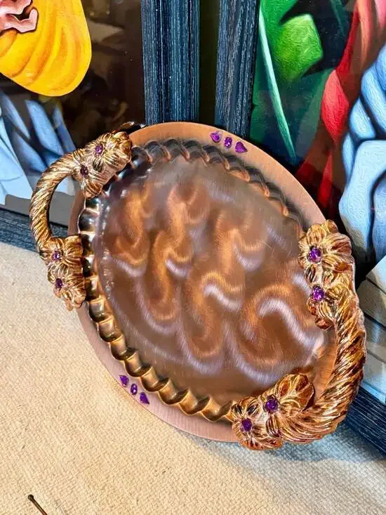 Vintage Oval Decorative Copper Serving Tray with Purple Gem Accents