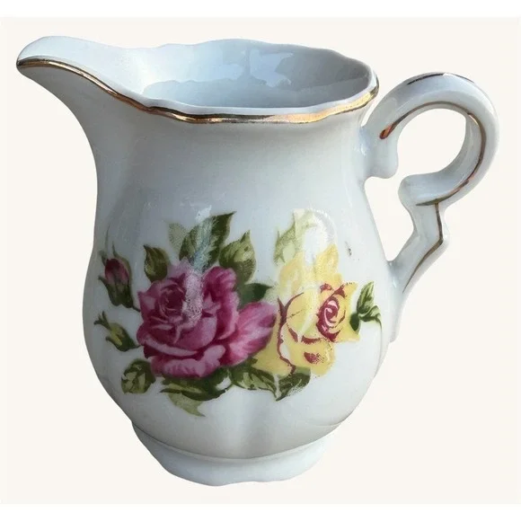 Vintage Enesco Porcelain Creamer Pink & Yellow Roses Scalloped Gold Trim