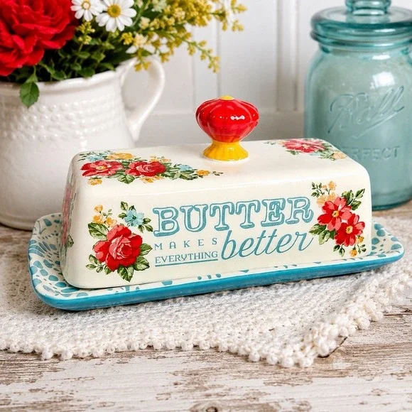 Pioneer Woman Vintage Floral 1/4 lb Butter Dish Butter Makes Everything Better