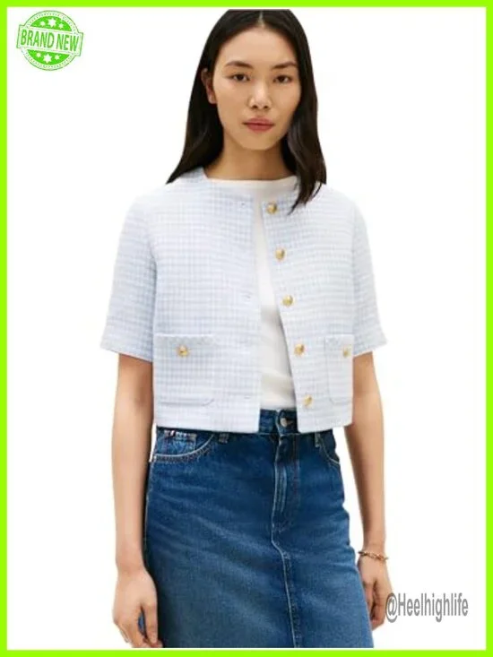 Tweed Cropped Blazer with Pockets Short Sleeve Button Up Jacket