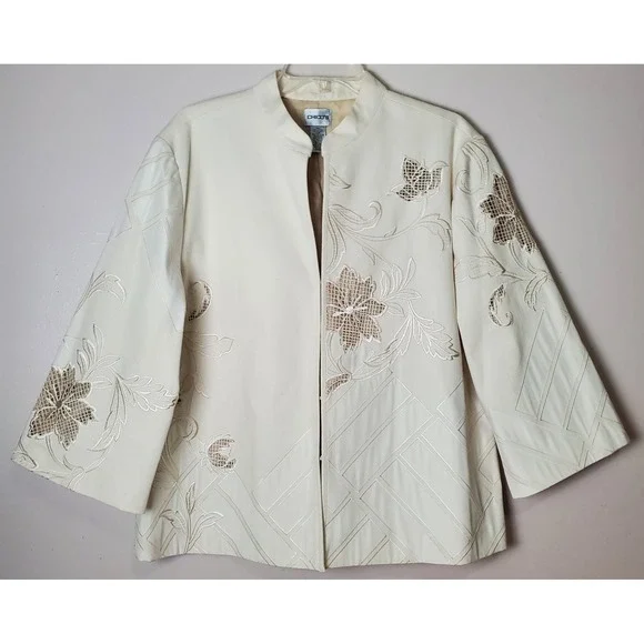 Chico's 3‎ XL Ivory Neutral Embroidered Floral Spring Summer Jacket 3/4 Sleeves