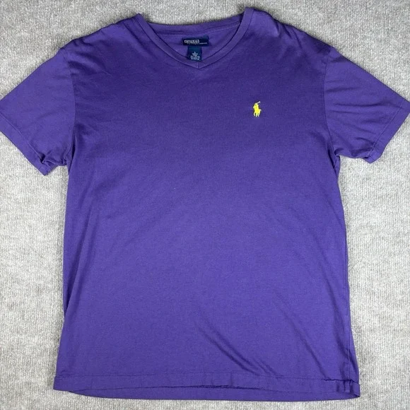 Polo Ralph Lauren Men's Purple V-Neck T-Shirt Yellow Pony Logo Cotton Size S