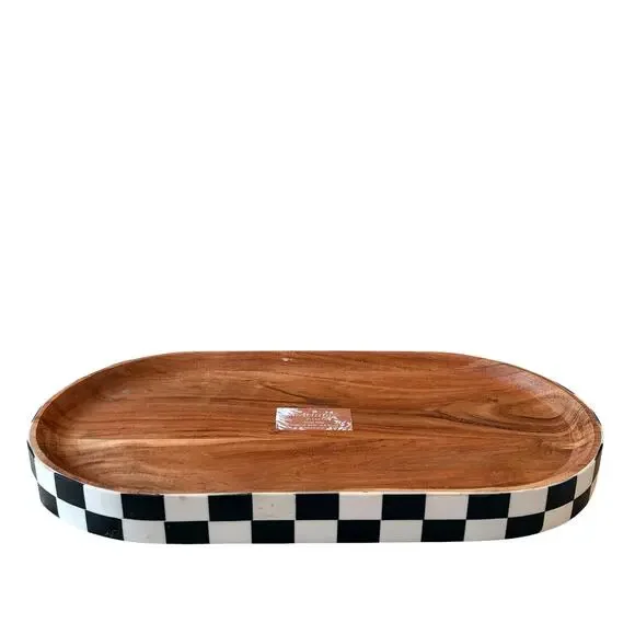 Black & White Checkered Enameled Mango Wood Serving Tray 17x9 Made In India NEW
