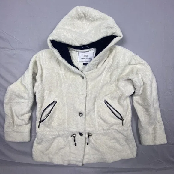 NILS Women's Hooded Toggle Fur Fleece Jacket Cream Size M Made In‎ USA Warm