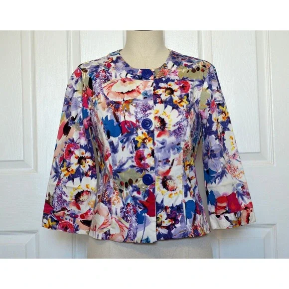Coldwater Creek Jacket Women's Size 4 Multicolor Floral 3/4 Sleeve Button Front‎
