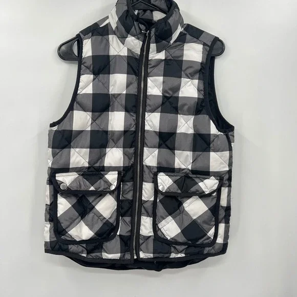 Woolrich Small Puffer Vest‎ Womens Black White Buffalo Plaid Quilted Down Fill