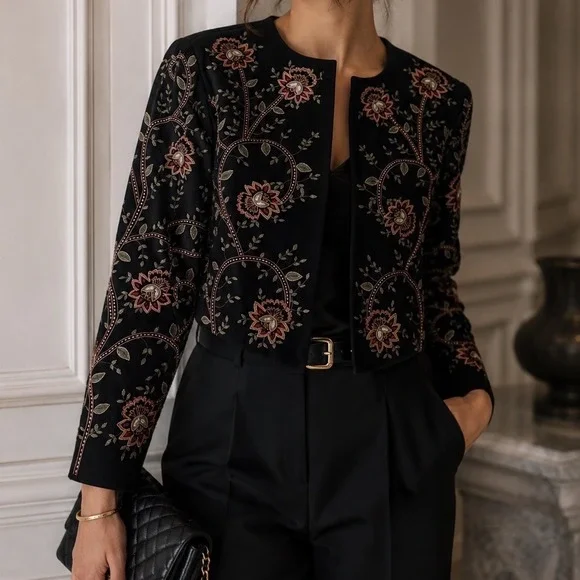 Sarah Elizabeth Black Floral Embroidered Cropped Bolero‎ Jacket Size 10 G3