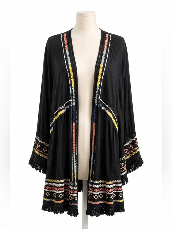 Knox Rose Embroidered Boho Kimono Cardigan Fringe Festival Cover Up Medium