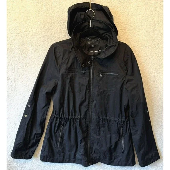 INC International Concepts Jacket Womens Large Black Windbreaker Raincoat Hooded