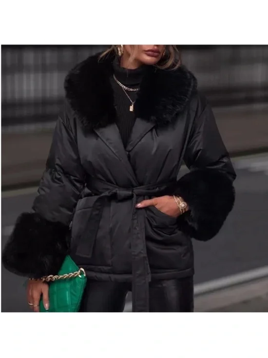 Women's Black Faux-Fur Trim Belted Puffer Coat