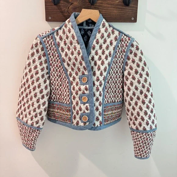 Veronica Beard Kamila Reversible Quilted Floral Jacket Blue Cream Pink Small
