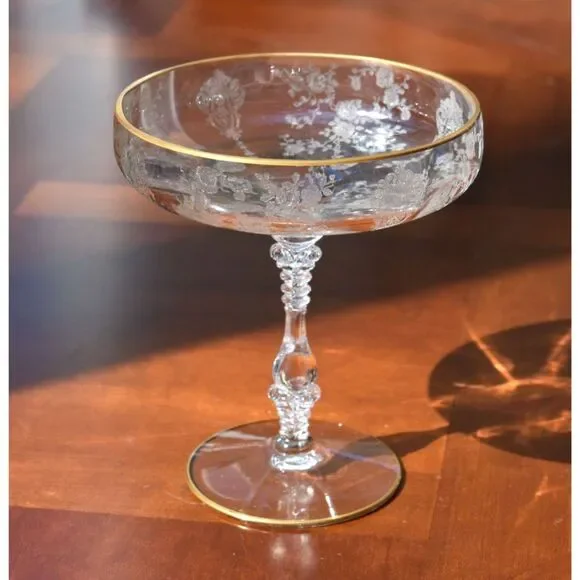 Vintage Cambridge Glass - Gold Trim - Round Compote Rose Point - Clear Stem 3121