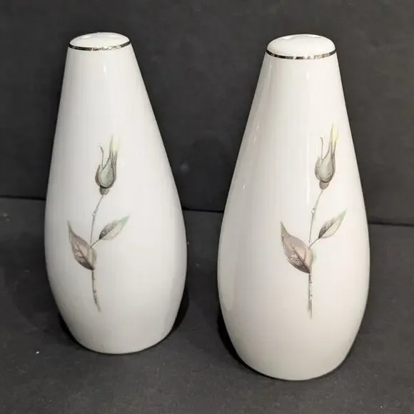 Salt and Pepper Shakers Vintage MCM Japan Porcelain Rosebud Platinum Trim 4.25”