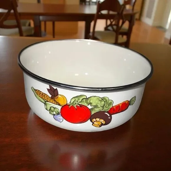 Vintage 70s Enamel Metal Mushroom Mixing Bowl