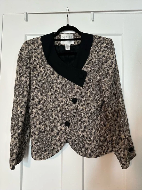 Petite Sophisticate Black and Cream Asymmetric Textured Blazer