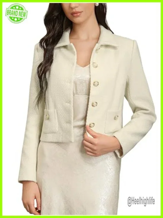 Cropped Tweed Blazer with Pockets, Turn Down Collar, Golden Button Down