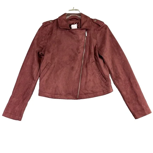 LC Lauren Conrad Womens XS Moto Biker Jacket Faux‎ Suede Burgundy