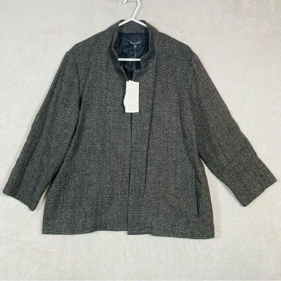 Eileen Fisher Blazer Women‎ L Black Wool Blend Open Front Jacket Italian NEW