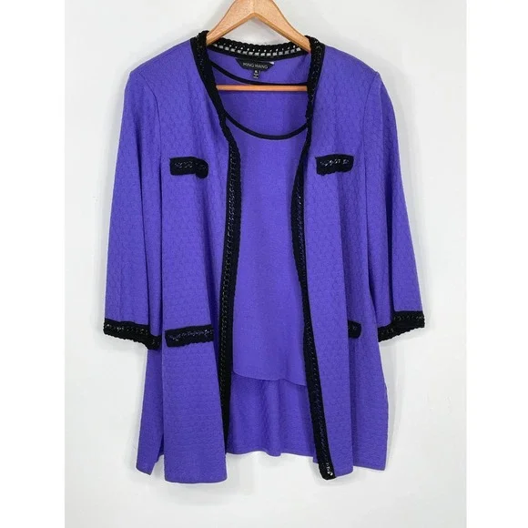Ming Wang Womens 2pc Set XL Knit Cardigan Tank Purple Crochet Chain Trim