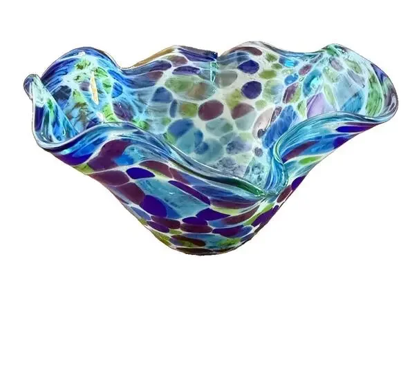 Glass Eye Studio Wave Bowl Bluebonnet Ruffled Hand Blown Art Glass Spatter 6