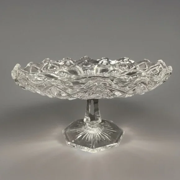 Panama EAPG Clear Pressed Glass Pedestal Cake Stand Scalloped Rim Starburst Base