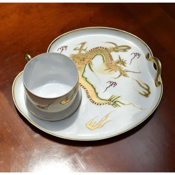 Rare Japanese Moriage Dragonware Demitasse Cup Tray Snack Set Hand Painted Gold