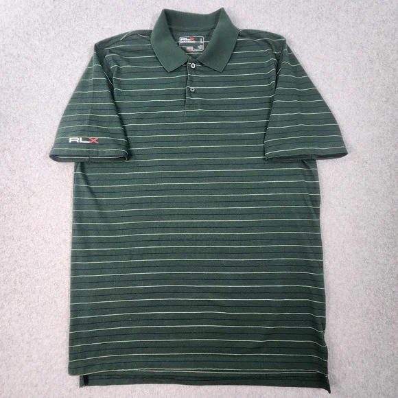 RLX Ralph Lauren Golf Polo Mens Large Green White Blue Striped Performance Shirt