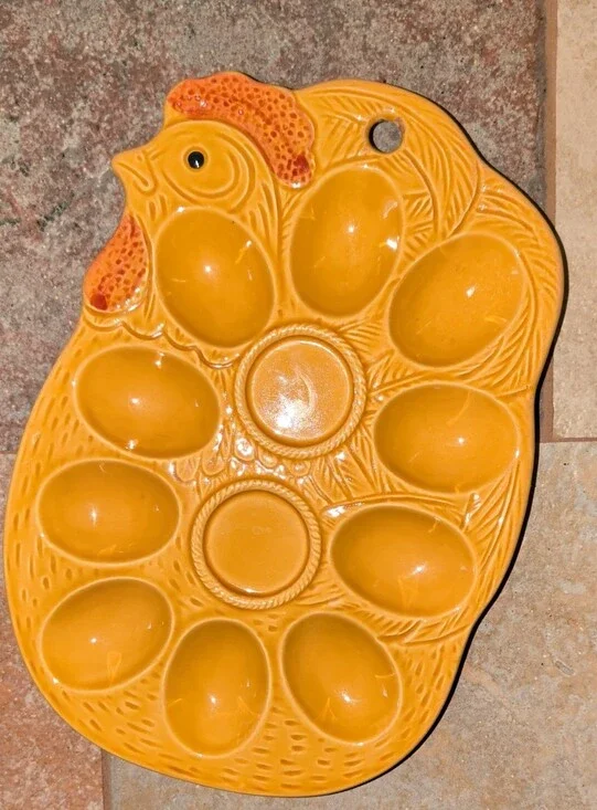 Vintage Yellow Ceramic Egg Slip Tray Shaped Like a Chicken Deviled Eggs