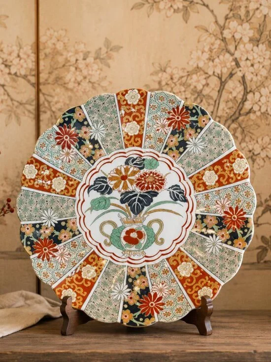 Vintage Japanese Arita Imari Porcelain Scalloped Serving Platter