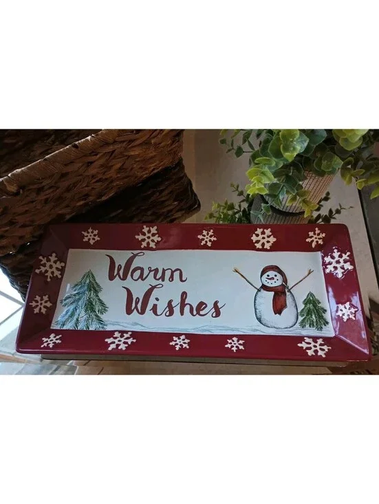 St. Nicholas Square Yuletide Warm Wishes Snowman Treat Tray 14 x 6 Christmas HTF