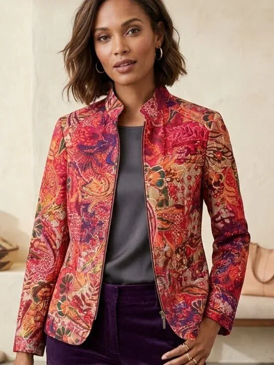 Coldwater Creek Vibrant Red Floral Paisley Boho Cotton Zip Front Jacket M