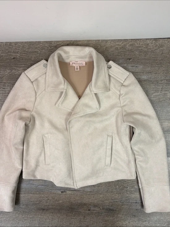 Philosophy Republic Clothing Faux Suede Moto Jacket Beige Cropped Open Front S