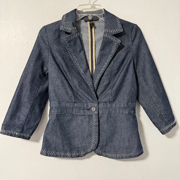 Apostrophe Womens Denim Jacket Blue White Contrast Stitching Blazer Style Size 2