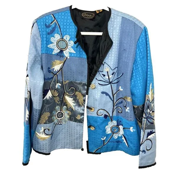 Alex Kim Patchwork Sz.M, Floral Embroidered Artsy Printed Jacket, Button Clz.‎