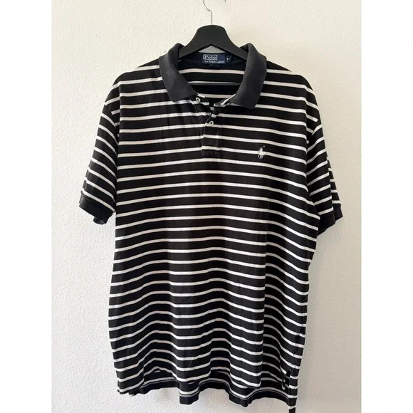 Polo by Ralph Lauren Men's Polo Shirt XXL Black White Striped Short Sleeve Pony
